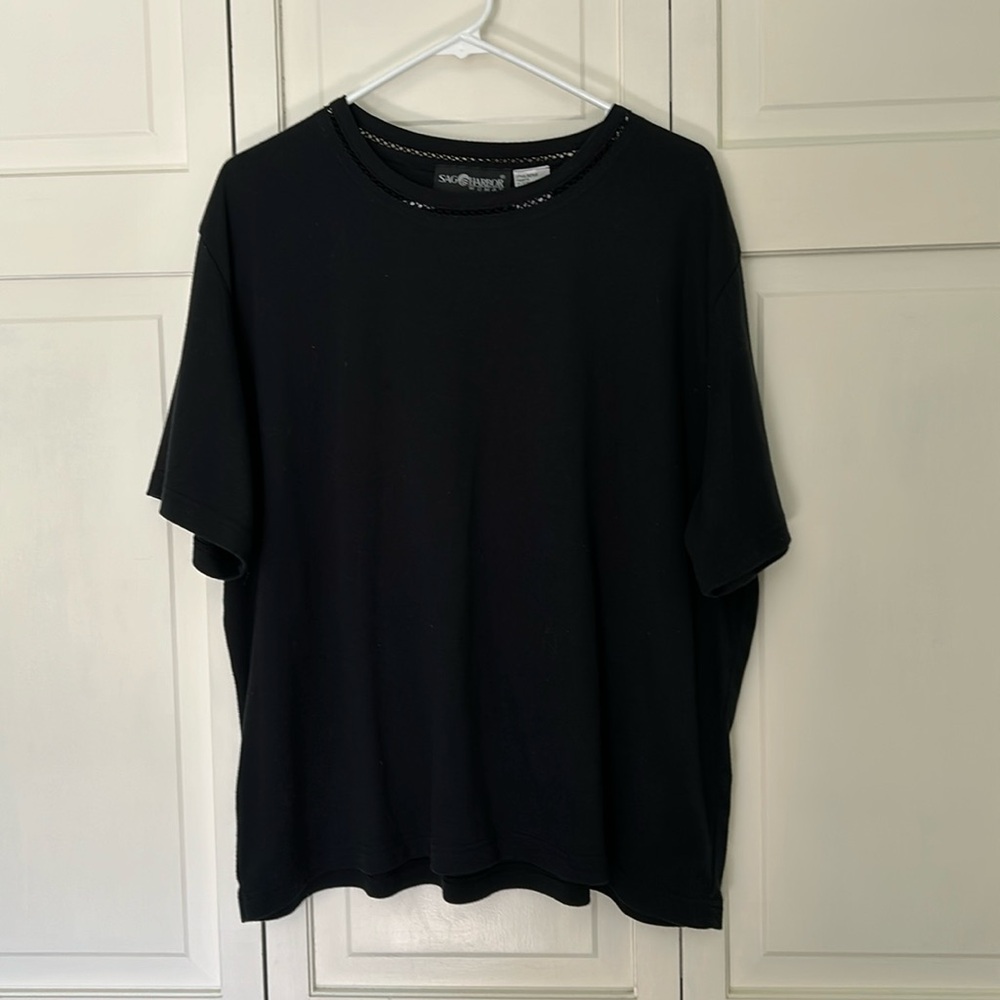 Sag Harbor Woman 2X Black Tee Shirt with Embroidered Trim